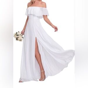 Ever Pretty White One-Shoulder Ruffle Maxi Dress with Front Slit